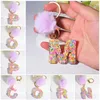 New Colorful Stripe Filled Initial Letter Keychain With Purple Pom-Pom Women Girls Sweet Bag Purse Charm A-Z 26 Letters Pendant