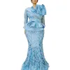 Aso Ebi 2023 robes de bal dentelle bleu ciel sirène fête africaine occasion porter manches longues nigérian arabe robe de soirée