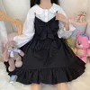 Work Dresses Sweet Cute Black Bow Suspender Dress Women 2023 Autumn Kawaii Soft Girl 2 Pcs Set Japan Doll Collar Lace Shirt Female