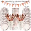Disposable Dinnerware Rose Gold Disposable Tableware Party Table Decoration Paper Cups Plates Straws Wedding Birthday Party Tableware Supplies 230515
