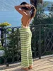 Abiti casual wsevypo Backless Halter Tie-up Abito lungo Estate Sexy Donna senza maniche a righe all'uncinetto lavorato a maglia aderente Beach Dress Vacation 230512