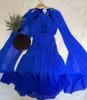 Robes de soirée élégante longue licou bleu soirée en mousseline de soie avec Cape ALine plissé fermeture éclair étage longueur robes de bal pour les femmes 230515