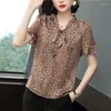 Women's Blouses Women Spring Summer Style Chiffon Shirts Lady Casual Short Sleeve Leopard Printed Bow Tie Blusas Tops ZZ0228