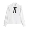 Blouses femininas coreanas chiques blusas brancas mulheres elegantes mangas compridas gravata borbole