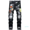 Fashion-Mens jeans homme pantalons designer noir skinny autocollants lavage léger déchiré moto rock hommes