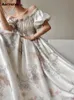 Vestidos casuales Aotvotee Imprimir Maxi vestidos para mujer Moda Fairycore Slash Neck Summer Dress Chic Elegant Folds Slim Vintage Dress 230515