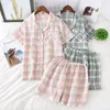 Женская одежда для сна японская простая короткая пижама Женщины 100% хлопок короткие рукава дамы пижама набор шорт милая мультипликационная одежда для женщин домашняя одежда 230515
