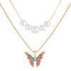 Chains Trendy Women Colorful Butterfly Pendant Necklaces Thai Pearl Double Layer Necklace Golden Choker Jewelry