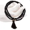 Strand SUNYIK Natural Black Onyx Stone Beads 4mm 3 Layers Beaded Ethnic Customs Bracelet With Charm Tassel Jewelry For Women Men Gift