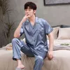 Men's Sleepwear Men Pijama Conjunta de seda cetim pijama virado para baixo colarinho comprido manga primavera machar 2 peças