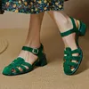 Sandálias Sapatos Meotina Mulheres Gladiador de couro genuíno sandálias grossas sandálias de salto médio fivela criança camurça calçados calçados verão verde 230515