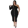 Robes décontractées grande taille femmes robe Sexy fermeture éclair côté fendu une épaule manches longues mode moulante mi-mollet 2023 printemps