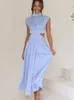 Casual Dresses Women Elegant Maxi Dresses Summer Fashion Casual Solid Sleeveless Backless Dress Female Sexy Hollow Out Pleated Long Dress 230512