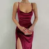 Casual Dresses wsevypo Elegant Velvet Spaghetti Straps Dresses Vintage Women Cowl V-Neck High Split Bodycon Dress Party Club Evening Vestidos 230512