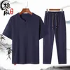 Mens chándales camisa pantalones verano moda tendencia hombres algodón lino traje manga corta hombres camisa tamaño completo M5XL 230512