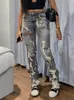 Kobiet Capris Sifreyr Fashion Botton Hole Women Y2K Układane spodnie Casual Chic Print Ripped Denim Chude Spodery szare elastyczne szczupłe dżinsy 230515