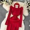 Casual jurken slanke halter nek sexy herfst bodycon gebreide katoenen trui lange jurk winter feest vrouwen schede elegante tuniekvestidos