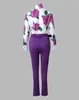 レディースツーピースパンツ2セットレディースピースOutifts 2023 Spring Fashion Floral Print Neckie Long Sleeve Top Castiral Plain Long PantsセットベルトP230515