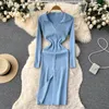 Casual jurken sexy club revers bodycon gebreide jurk dames herfst winter solide spleet heup potlood lange vrouw kleding gewaad longue