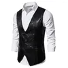 Mäns västar män Stylish Suit Blazer Deep V-Neck Solid Color paljetter Slim Vest Button Waistcoat for Business Wedding