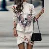 Robes décontractées 2023 automne à manches longues col roulé imprimé léopard robe femmes mince épissage irrégulier Mini pull Roupas Femininas