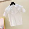 Women's T Shirts Korean Fashion Summer Short Sleeve Ins Lace Collar Cardigan Knitted Tops Womens Designers Solid White Casual Female