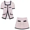 Women's 2 pc dress set square collar puff short sleeve tweed top and a-line short skirt twinset SML
