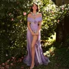 Sexy Violet Hors Épaule Robe De Soirée De Bal En Satin À Paillettes Une Ligne Haute Split Avec Ceinture Formelle Robes De Soirée Robe De Soirée Sur Mesure