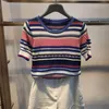 여성 티셔츠 면화 여성 스웨터 새로운 여름 패션 단축-슬리브 O- 넥 풀오버 티 한국 캐주얼 니트 컬러 스트라이프 탑 P230515