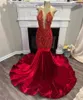 Red Gorgeous Gold Prom Dresses 2024 Sheer Top Sparkly Beading Veet Black Girl Mermaid Party Gala klänningar