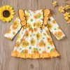 Flickaklänningar Telotuny Toddler Kids Girls Ruched Ruffles Floral Sunflower Children Outfits Lovely Long Sleeve Princess