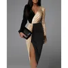 Casual Dresses EleeMee Dress For Women Sexy V-Neck Elegant Black Gold Sequins Patchwork Skirt Long Sleeve Prom Slit High Waist 2023
