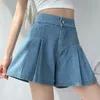 Damenshorts DFRCAEG Sommer-Denim-Shorts für Frauen, hohe elastische Taille, blau oder himmelblau, weites Bein, lockere Falten, Mini-Plus-Size-Shorts, Femme 230512