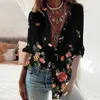 Women's Blouses Vintage Geometric Printing Cotton Line Shirts Plus Size Long Sleeve Turn Down Collar Button Women Blouse Losse Casual Tops