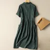 Freizeitkleider Kurzarm-Kleid aus Baumwolle und Leinen, Damen-Sommermode, Taschenträger, hohe Taille, drapiert, literarisch, lockeres Freizeit-Hemdkleid 230515