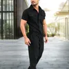 Survêtements pour hommes Combinaison pour hommes avec ceinture Manches courtes Col rabattu Poches à simple boutonnage Combinaison de travail Couleur unie Casual Cargo