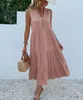Casual ärmlös tankklänning kvinnor sommar V nackknappar ruffle midi klänningar 2023 elegant mode strand lös sundress