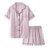 Women's Sleepwear Womens Silk Satin Pajamas Set Short Sleeve Two-piece Pajama Sets Striped Sleepwear Female Loungewear Button-Down pyjama 230515