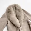 Damen Wolle MISSJANEFUR Langer Mantel Damen Eleganter schlanker Kaschmir-Trench mit Gürtel und Echtpelzkragen Winter für