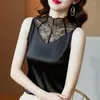 Women's Blouses Stretch Satin Vest Women Blouse Solid Color Sleeveless Lace Patchwork Tops Office Lady Slim Half Turtleneck Blusas Mujer