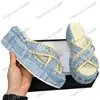 Designer Womens Wedge Platform Heels Pantofole Slip On Sandali in denim Slingbacks Scarpe eleganti con scivoli a catena Scarpe casual da esterno da donna Suola in gomma Ciabatte nere rosa