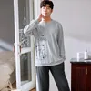 Men's Sleepwear Cute Bear Cartoon Anime Men Pajamas Set Winter Comfort Gray Knitted Cotton Long Sleeve Loose Loungewear Male Nightwear