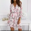 Casual jurken jurken voor vrouwen Vestido Fashion Spring en herfst ruches jurk bloemen veter negen punten mouw pullover jurk traf 230515