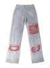 Men's Jeans Men Y2K Ripped Patchwear Distressed Pants Hip Hop Punk Goth Red Denim Trousers Male Vintage Japanese Streetwear