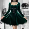 Casual Dresses E-girl Gothic Clothes Black Velvet Mini Dress Lace Trim High Waist Corset Suqare Neck A-line Elegant Lady Women Autumn