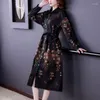 Women's Trench Coats Fall Spring 2023 Women Vintage Patchwork Embroidery Black Long Coat Woman Clothes 4xl 5xl Flower Duster