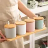 Storage Bottles Nordic 3Pcs Jar With Bamboo Holder Ceramic Spice Rack Salt Pepper Seasoning Kitchen Bottle Set Combination