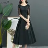 Casual Dresses Temperament Fashion Solid Dresses Round Neck Patchwork Lace Gauze Embroidery Midi Skirts Women's Clothing Elegant Summer Thin 230515