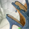 Vestido de dedo da boca de peixe feminino Sheos slingbacks sandálias jeans de textura acolchoada estiletto slides para designer de festas sapato de casamento retro preto com bolsa de poeira