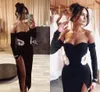 Sexy Noir Gaine Femmes Robe De Bal Courte Pour La Fête D'anniversaire 2023 Chérie Perles Perles Split Satin Robes De Cocktail Robe De Soirée Sur Mesure